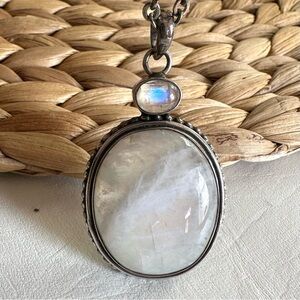 Large vintage double moonstone sterling silver pendant necklace